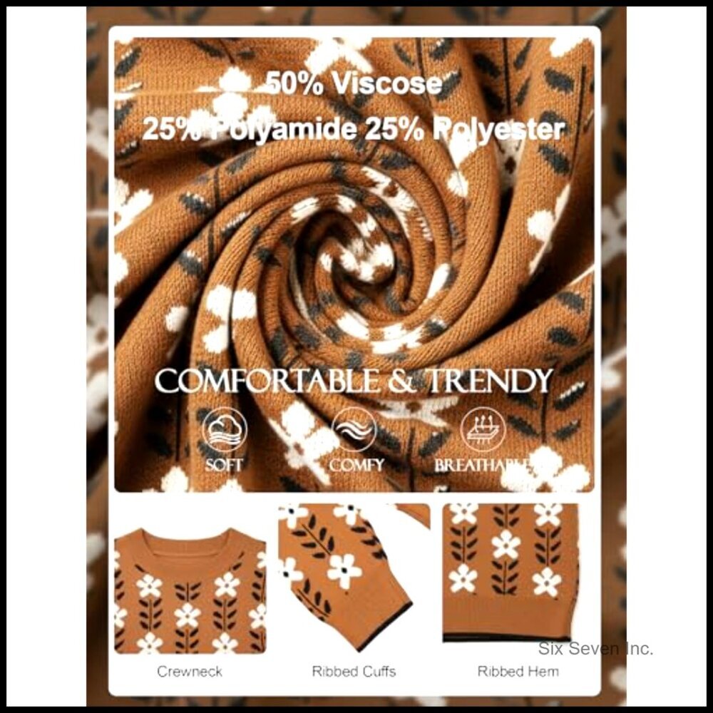 Oversized Floral Knit Pullover Chunky Crewneck Sweater Y2K Chic Casual - Picture 5 of 7